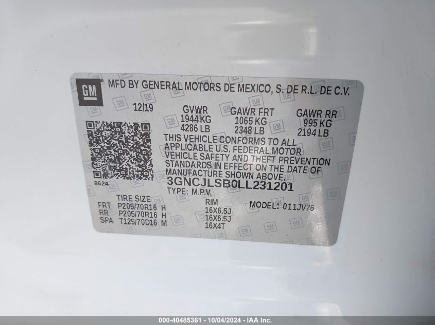 3GNCJLSB0LL231201 2020 Chevrolet Trax Fwd Lt