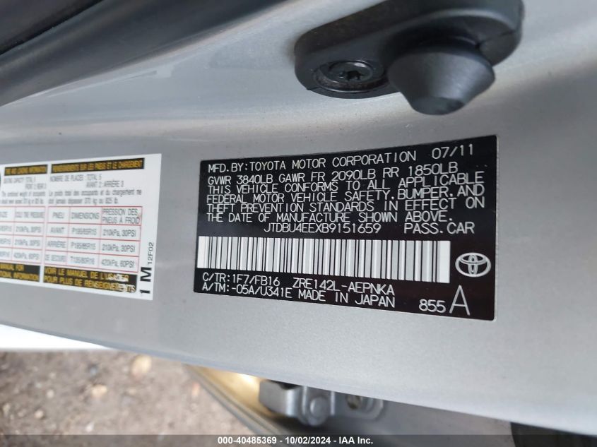 JTDBU4EEXB9151659 2011 Toyota Corolla Le