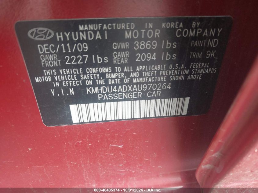 2010 Hyundai Elantra Gls VIN: KMHDU4ADXAU970264 Lot: 40485374