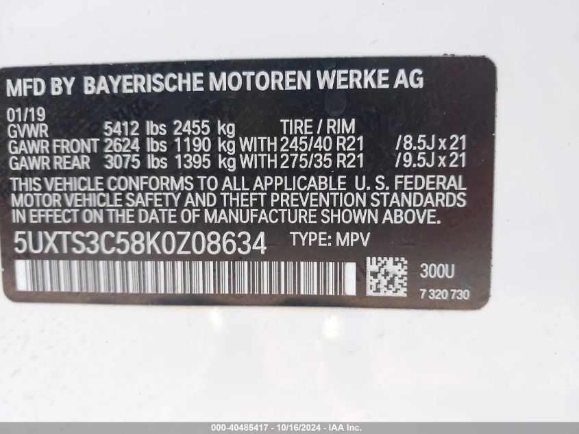 VIN 5UXTS3C58K0Z08634 2019 BMW X3, M40I no.9