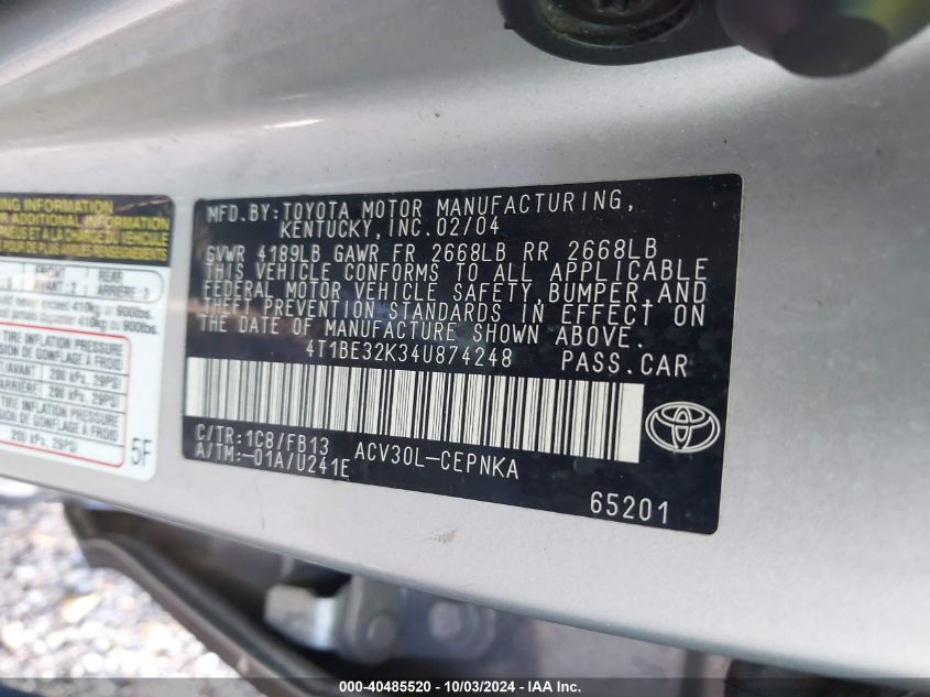 4T1BE32K34U874248 2004 Toyota Camry Le