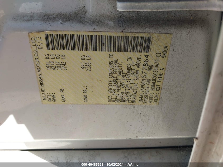 1N4AL2AP0CN572864 2012 Nissan Altima 2.5 S