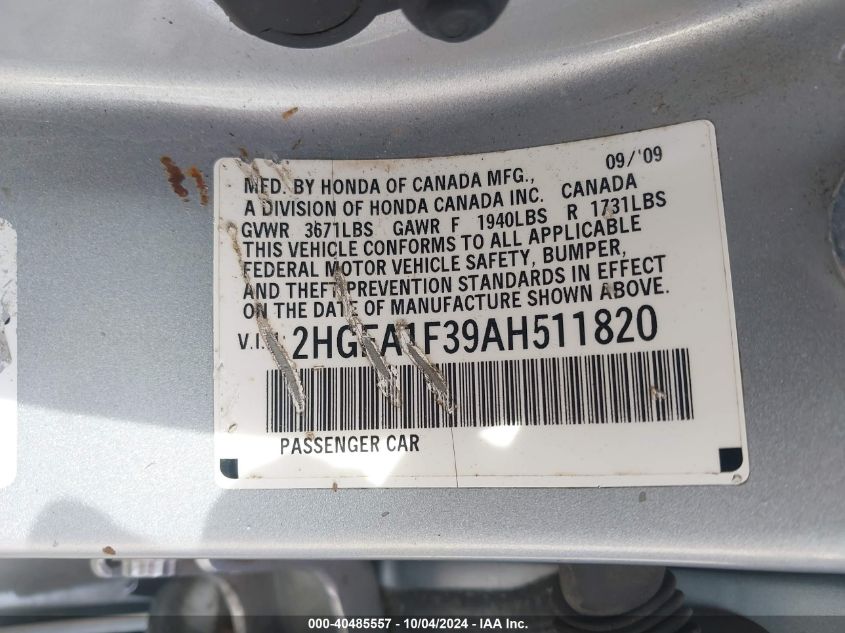 2HGFA1F39AH511820 2010 Honda Civic Vp