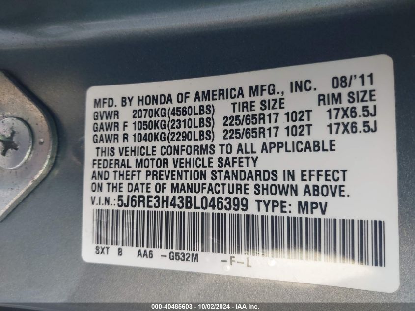 2011 Honda Cr-V Se VIN: 5J6RE3H43BL046399 Lot: 40485603