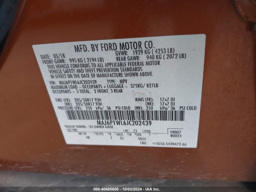 MAJ6P1WL6JC202439 2018 Ford Ecosport Titanium