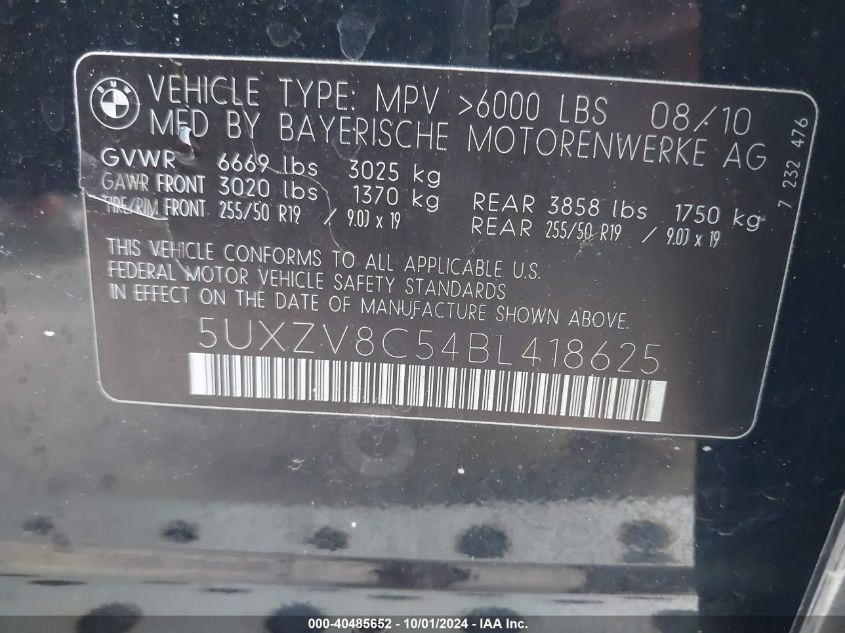 5UXZV8C54BL418625 2011 BMW X5 xDrive50I