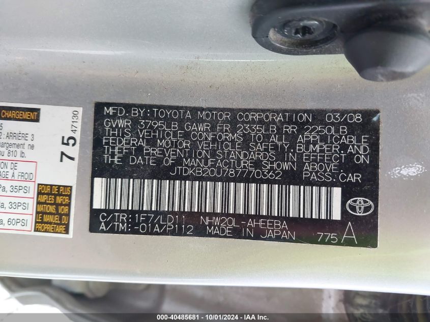 JTDKB20U787770362 2008 Toyota Prius