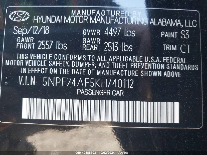 5NPE24AF5KH740112 2019 Hyundai Sonata Se