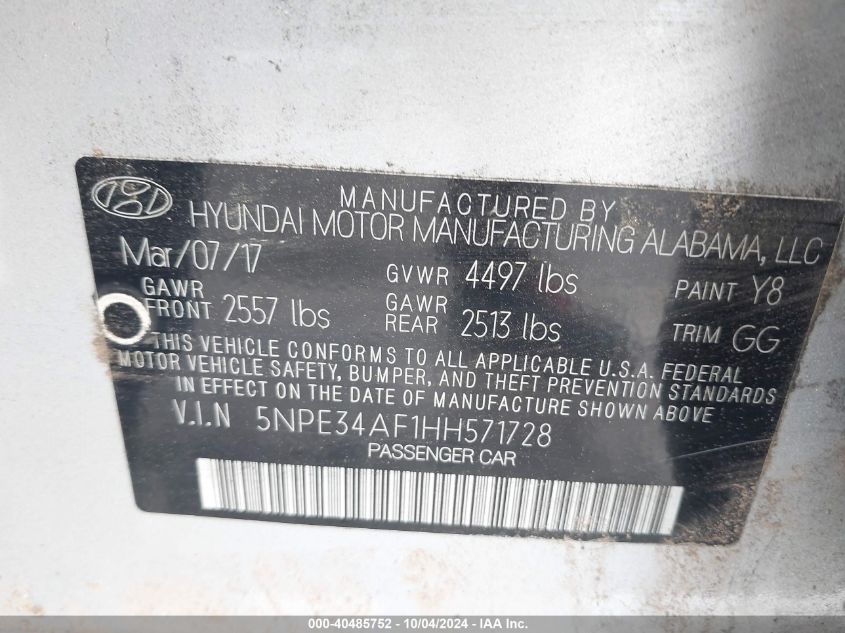 5NPE34AF1HH571728 2017 Hyundai Sonata Sport