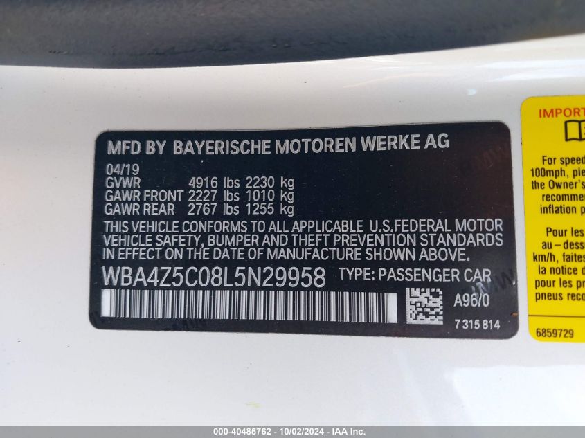 2020 BMW 440I VIN: WBA4Z5C08L5N29958 Lot: 40485762