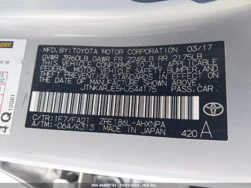 2017 Toyota Corolla Im VIN: JTNKARJE5HJ544175 Lot: 40485783