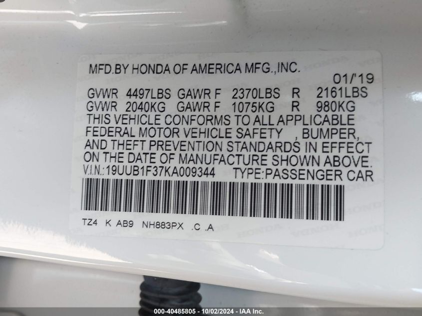 2019 Acura Tlx Standard VIN: 19UUB1F37KA009344 Lot: 40485805