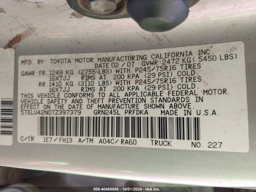 5TELU42N07Z397379 2007 Toyota Tacoma Base V6