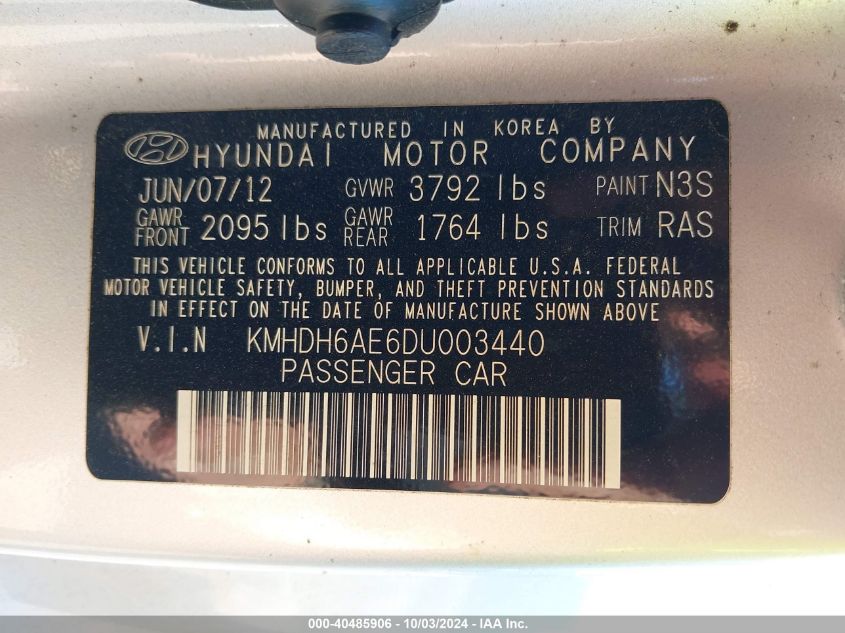 2013 Hyundai Elantra Se VIN: KMHDH6AE6DU003440 Lot: 40485906