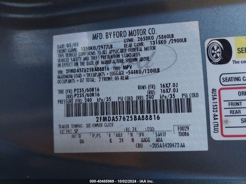 2FMDA57625BA88816 2005 Ford Freestar Ses