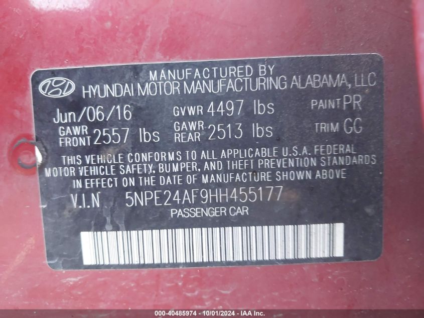 5NPE24AF9HH455177 2017 Hyundai Sonata