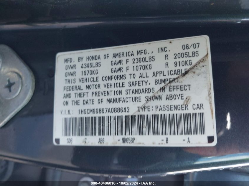 1HGCM66867A088642 2007 Honda Accord 3.0 Ex