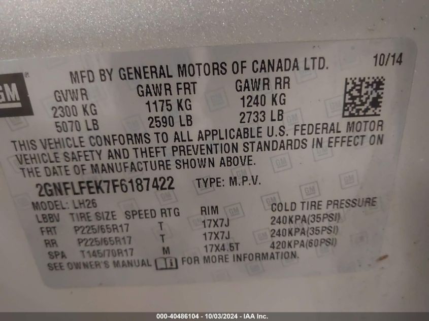 2GNFLFEK7F6187422 2015 Chevrolet Equinox 1Lt