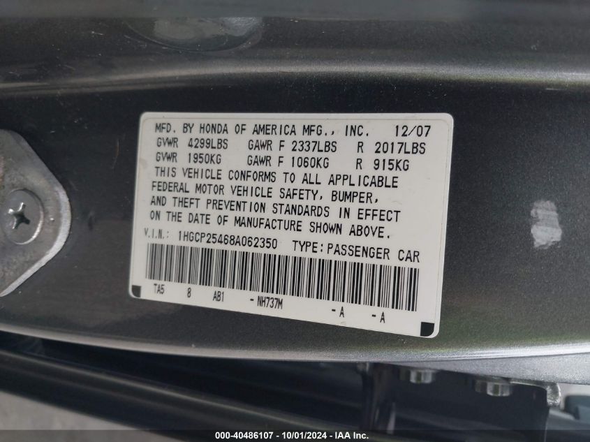 1HGCP25468A062350 2008 Honda Accord 2.4 Lx-P