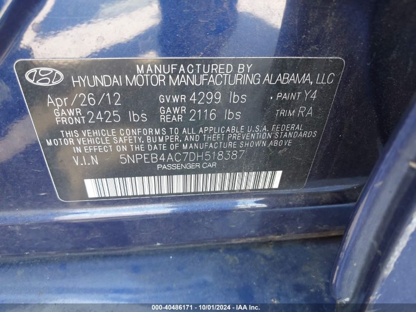 5NPEB4AC7DH518387 2013 Hyundai Sonata Gls