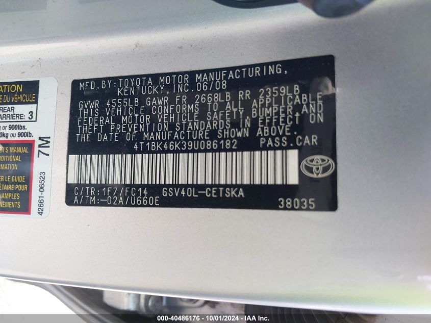 4T1BK46K39U086182 2009 Toyota Camry Se V6