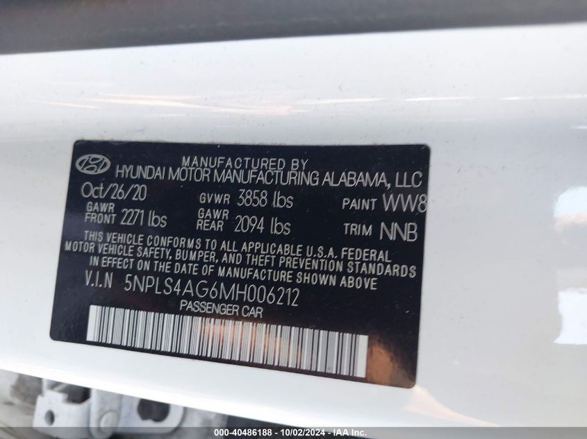 2021 Hyundai Elantra Sel VIN: 5NPLS4AG6MH006212 Lot: 40486188