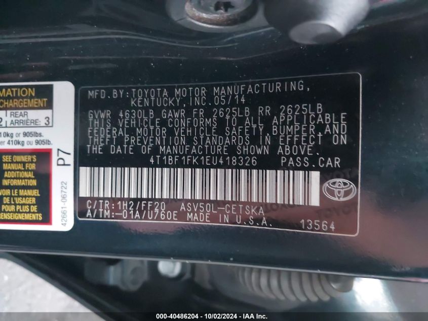4T1BF1FK1EU418326 2014 Toyota Camry Se