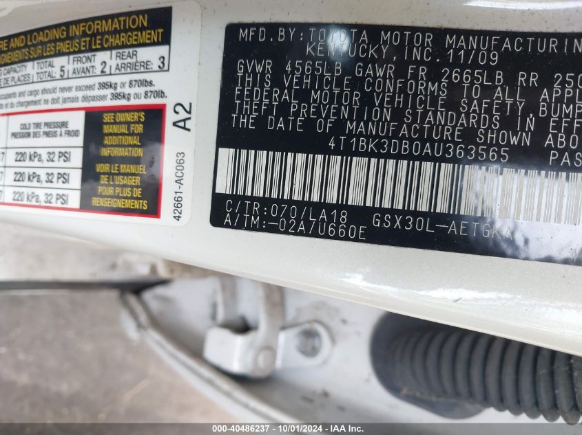 2010 Toyota Avalon Xls VIN: 4T1BK3DB0AU363565 Lot: 40486237