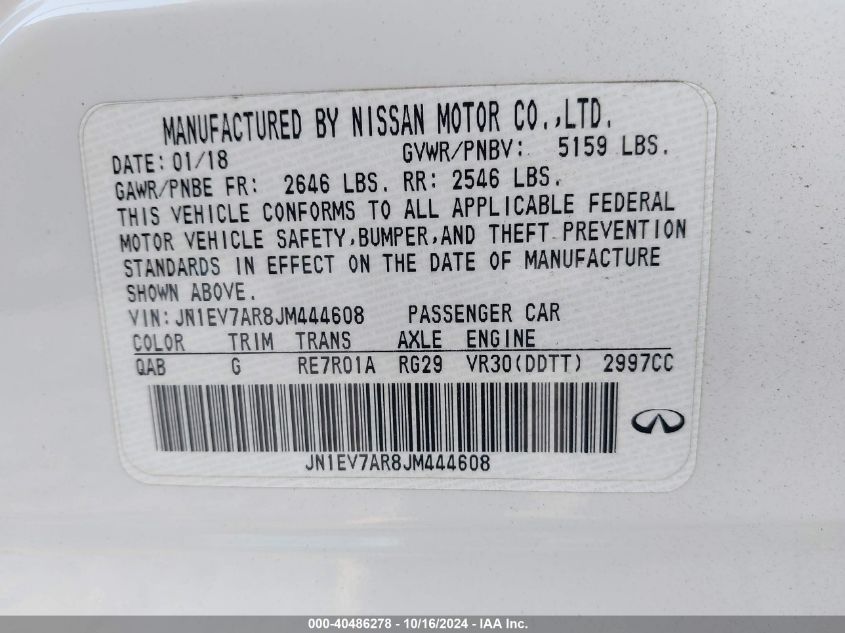2018 Infiniti Q50 3.0T Luxe VIN: JN1EV7AR8JM444608 Lot: 40486278