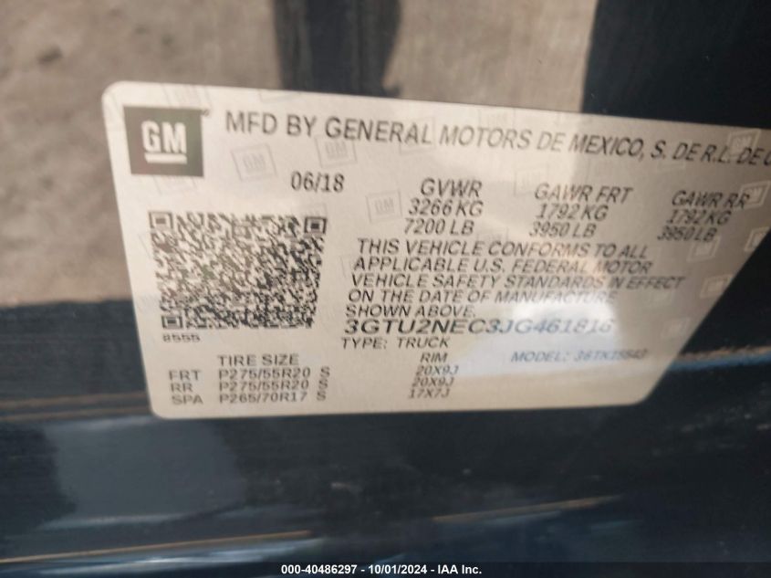 3GTU2NEC3JG461816 2018 GMC Sierra 1500 Slt