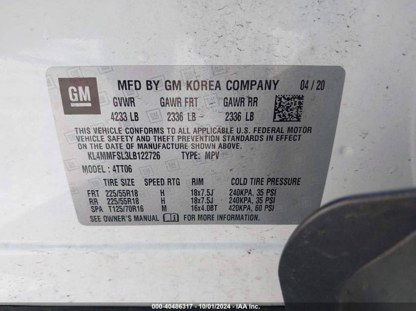 KL4MMFSL3LB122726 2020 Buick Encore Gx Fwd Essence