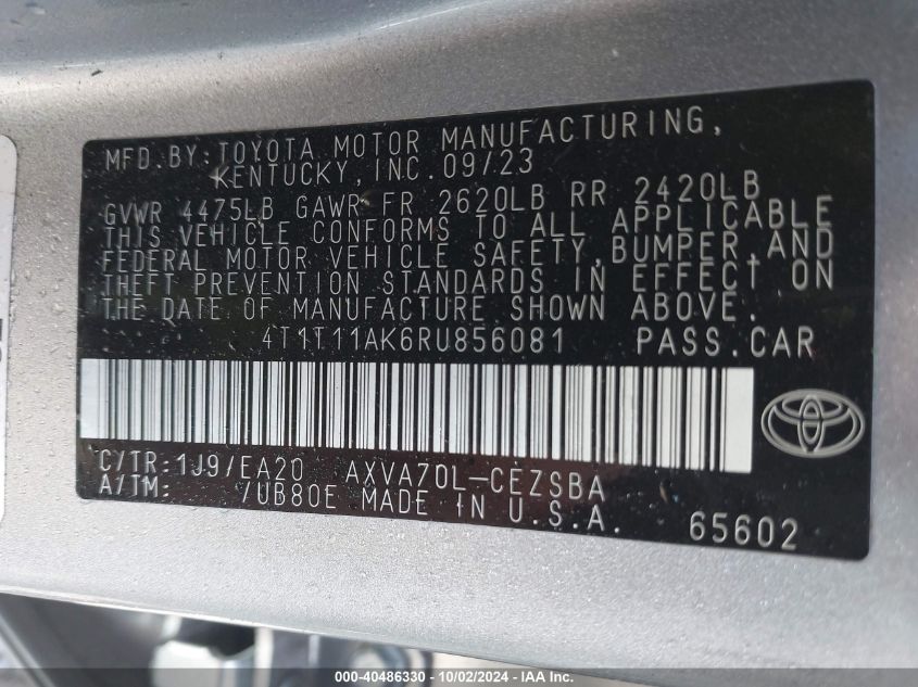 4T1T11AK6RU856081 2024 Toyota Camry Se