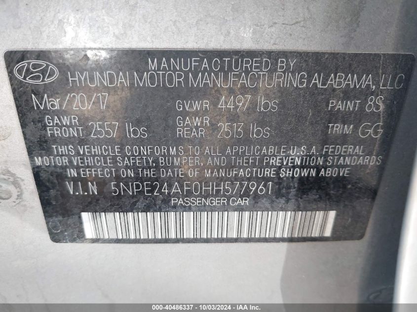 5NPE24AF0HH577961 2017 Hyundai Sonata