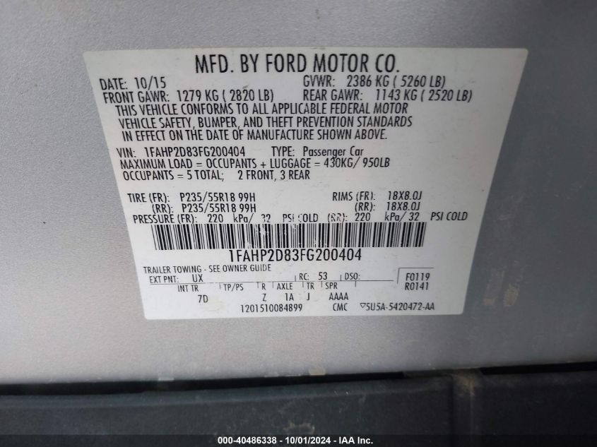 1FAHP2D83FG200404 2015 Ford Taurus Se