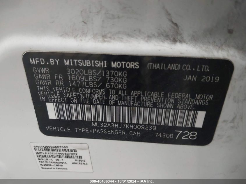 2019 Mitsubishi Mirage Rf VIN: ML32A3HJ7KH009239 Lot: 40486344