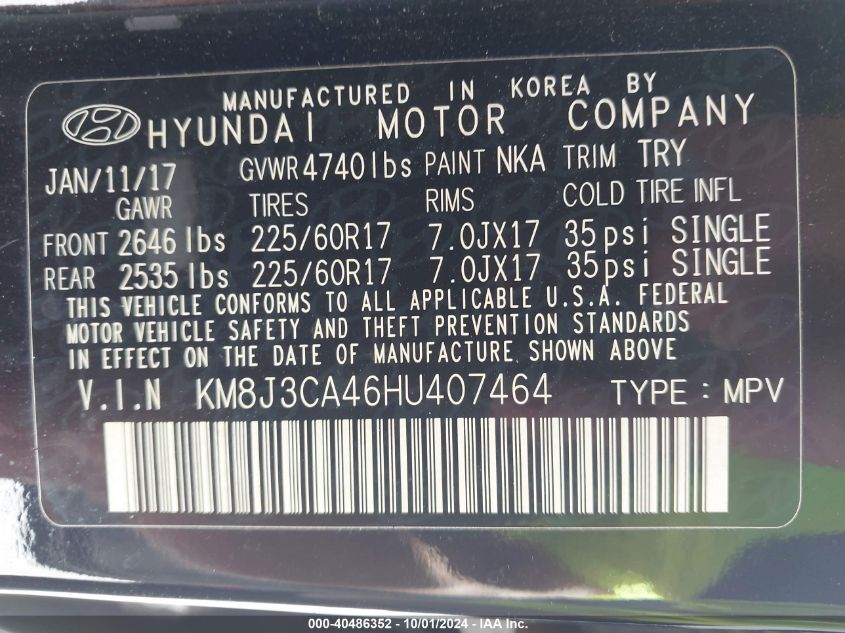 KM8J3CA46HU407464 2017 Hyundai Tucson Se Plus