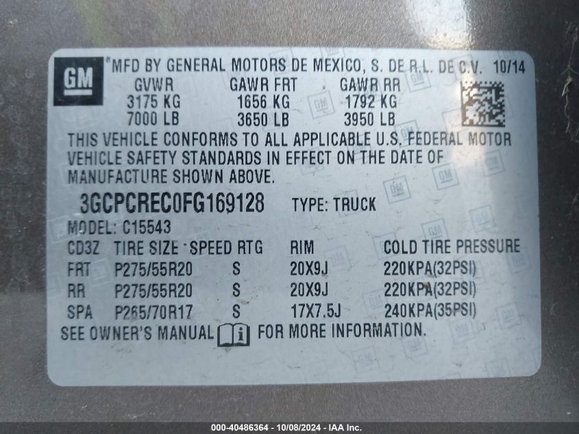 3GCPCREC0FG169128 2015 Chevrolet Silverado 1500 1Lt