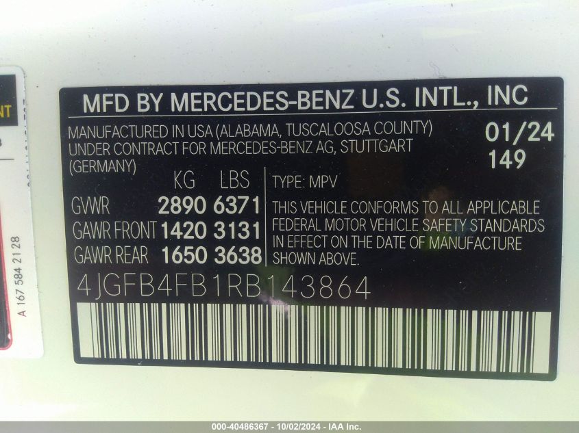 2024 Mercedes-Benz Gle 350 4Matic VIN: 4JGFB4FB1RB143864 Lot: 40486367