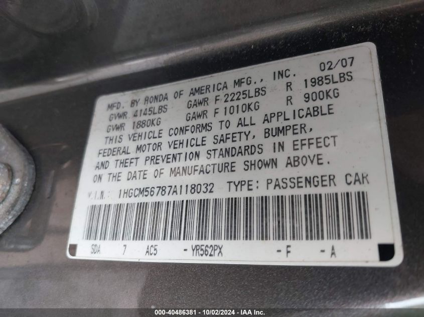 1HGCM56787A118032 2007 Honda Accord 2.4 Ex