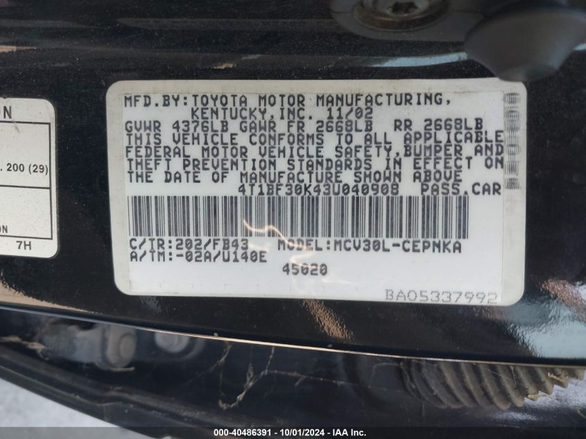 4T1BF30K43U040908 2003 Toyota Camry Le V6