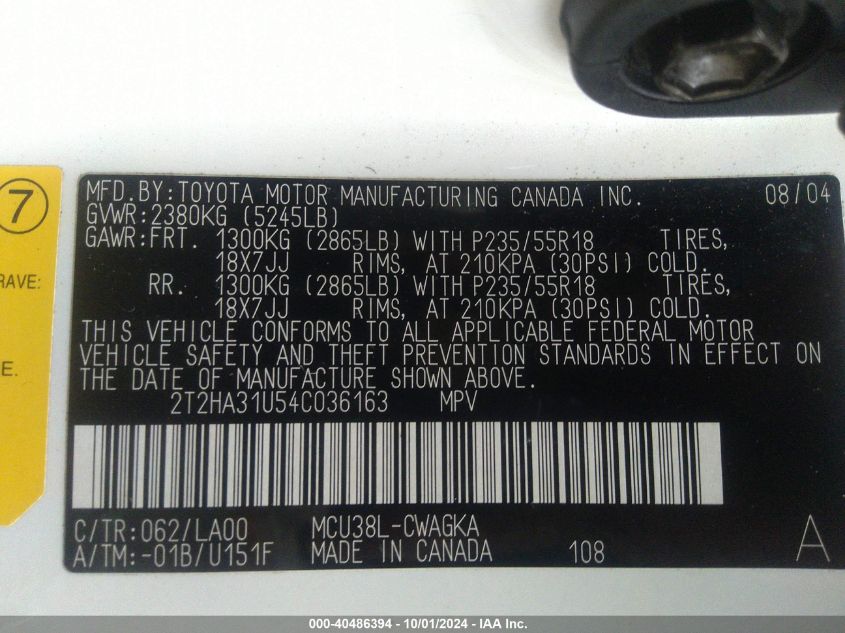 2T2HA31U54C036163 2004 Lexus Rx 330