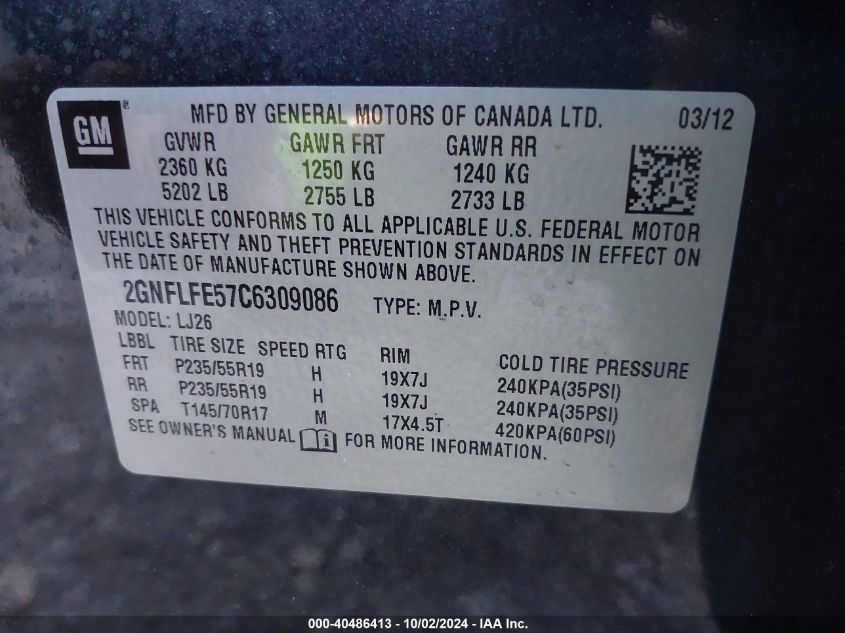 2GNFLFE57C6309086 2012 Chevrolet Equinox Ltz