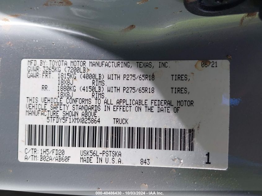 2021 Toyota Tundra Sr5 VIN: 5TFDY5F1XMX025864 Lot: 40486430