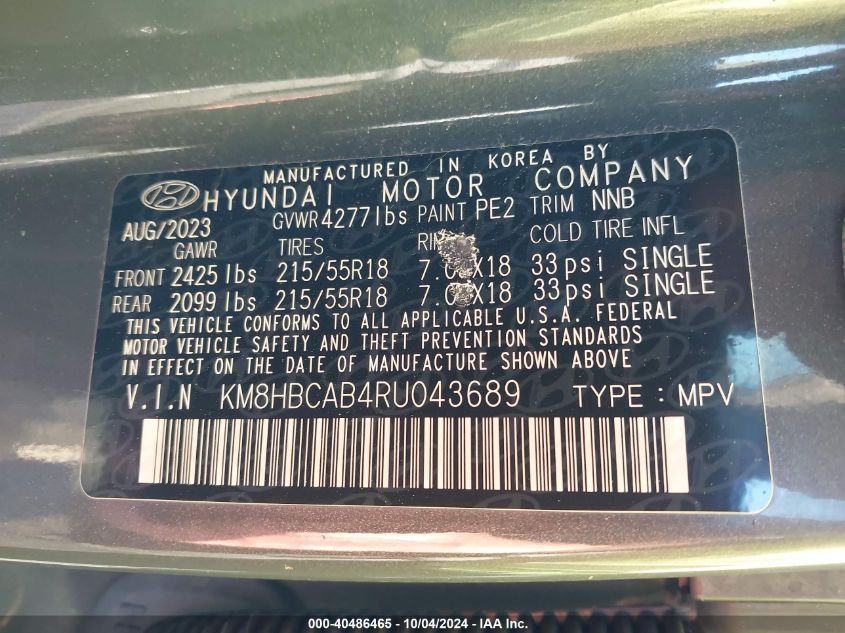 KM8HBCAB4RU043689 2024 Hyundai Kona Sel