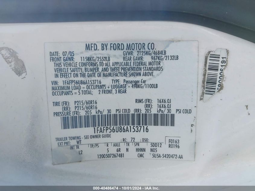 1FAFP56U86A153716 2006 Ford Taurus Sel