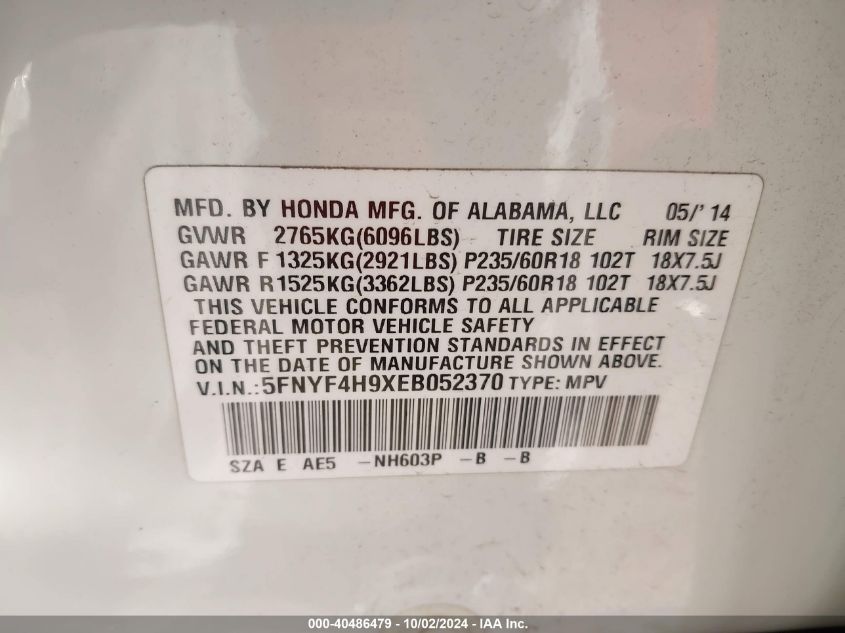 5FNYF4H9XEB052370 2014 Honda Pilot Touring