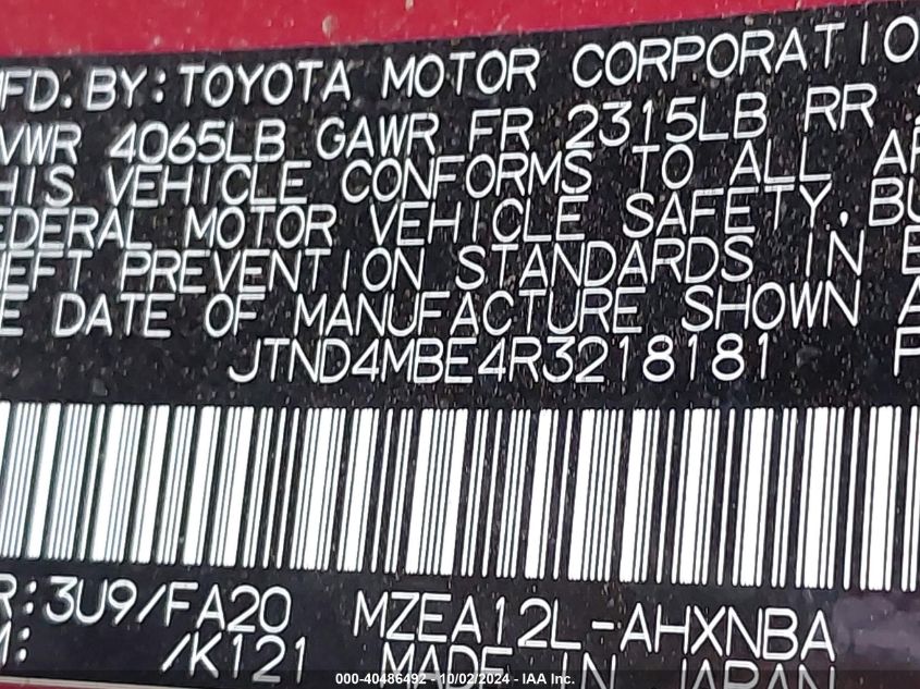 VIN JTND4MBE4R3218181 2024 Toyota Corolla, SE no.9