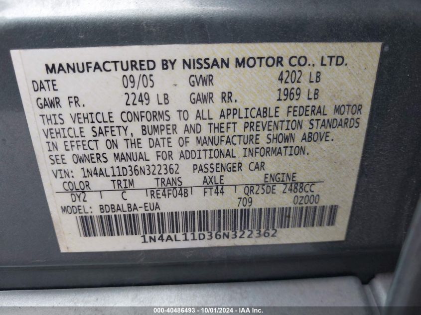 2006 Nissan Altima 2.5 S VIN: 1N4AL11D36N322362 Lot: 40486493