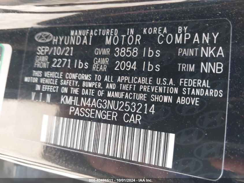 KMHLN4AG3NU253214 2022 Hyundai Elantra Sel