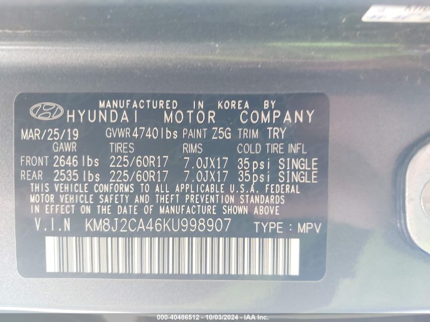 KM8J2CA46KU998907 2019 Hyundai Tucson Se